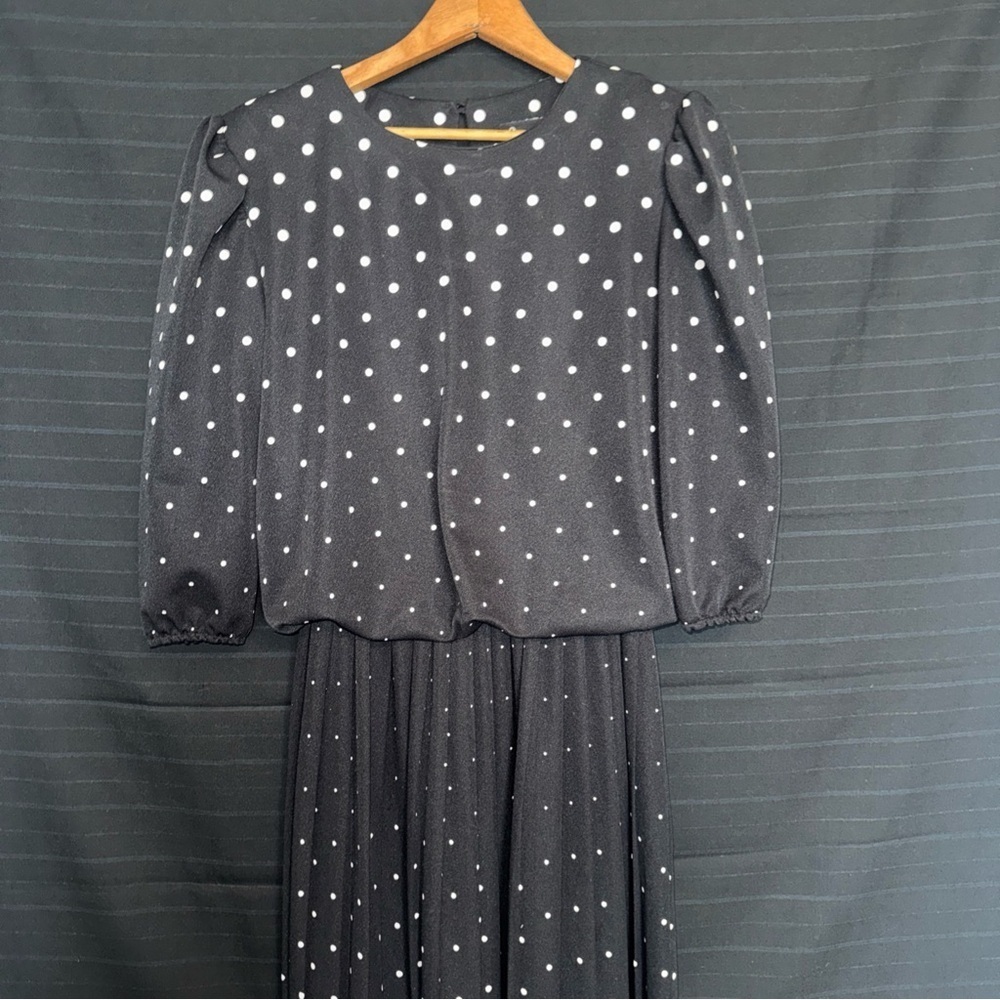 Vintage 80s Jenny USA Made Blouson Dress Size 12 Black Polka Dot Puff Sleeves